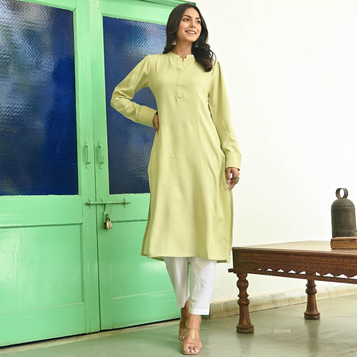 Light Green Rayon Kurta With White Pants