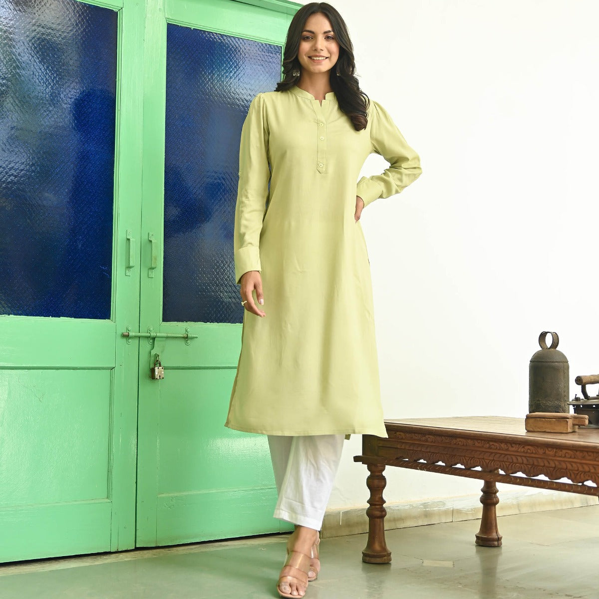 Light Green Rayon Kurta With White Pants