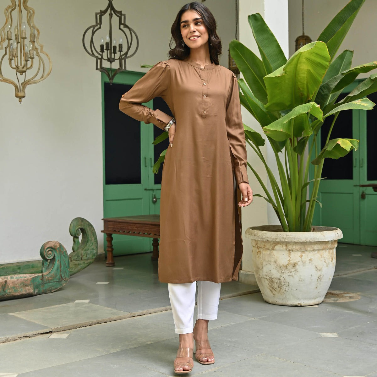 Brown Rayon Solid Kurta With White Pants