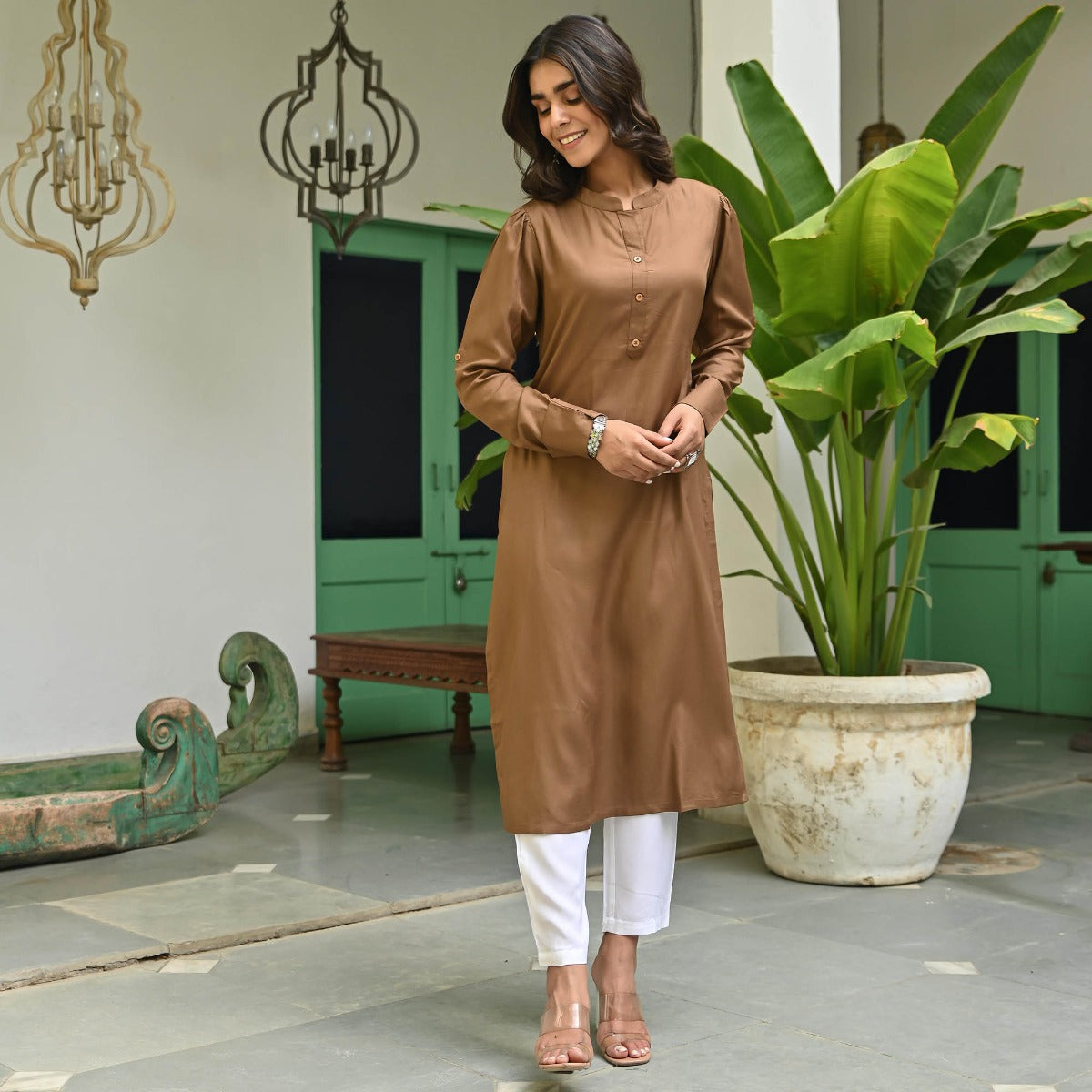 Brown Rayon Solid Kurta With White Pants