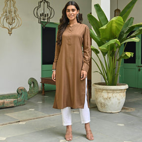 Brown Rayon Solid Kurta With White Pants