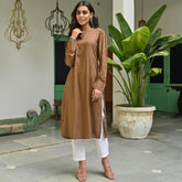 Brown Rayon Solid Kurta With White Pants