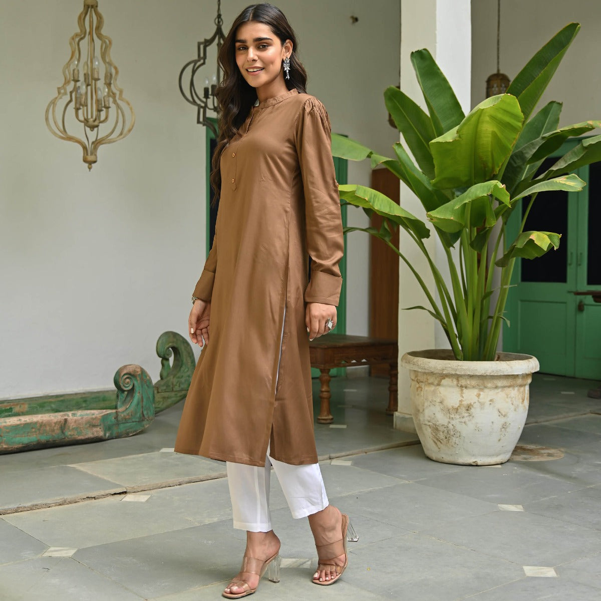 Brown Rayon Solid Kurta With White Pants