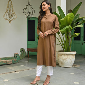 Brown Rayon Solid Kurta With White Pants