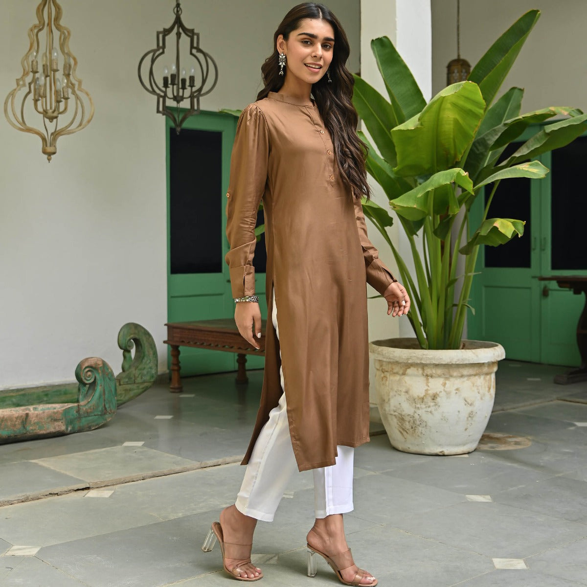 Brown Rayon Solid Kurta With White Pants