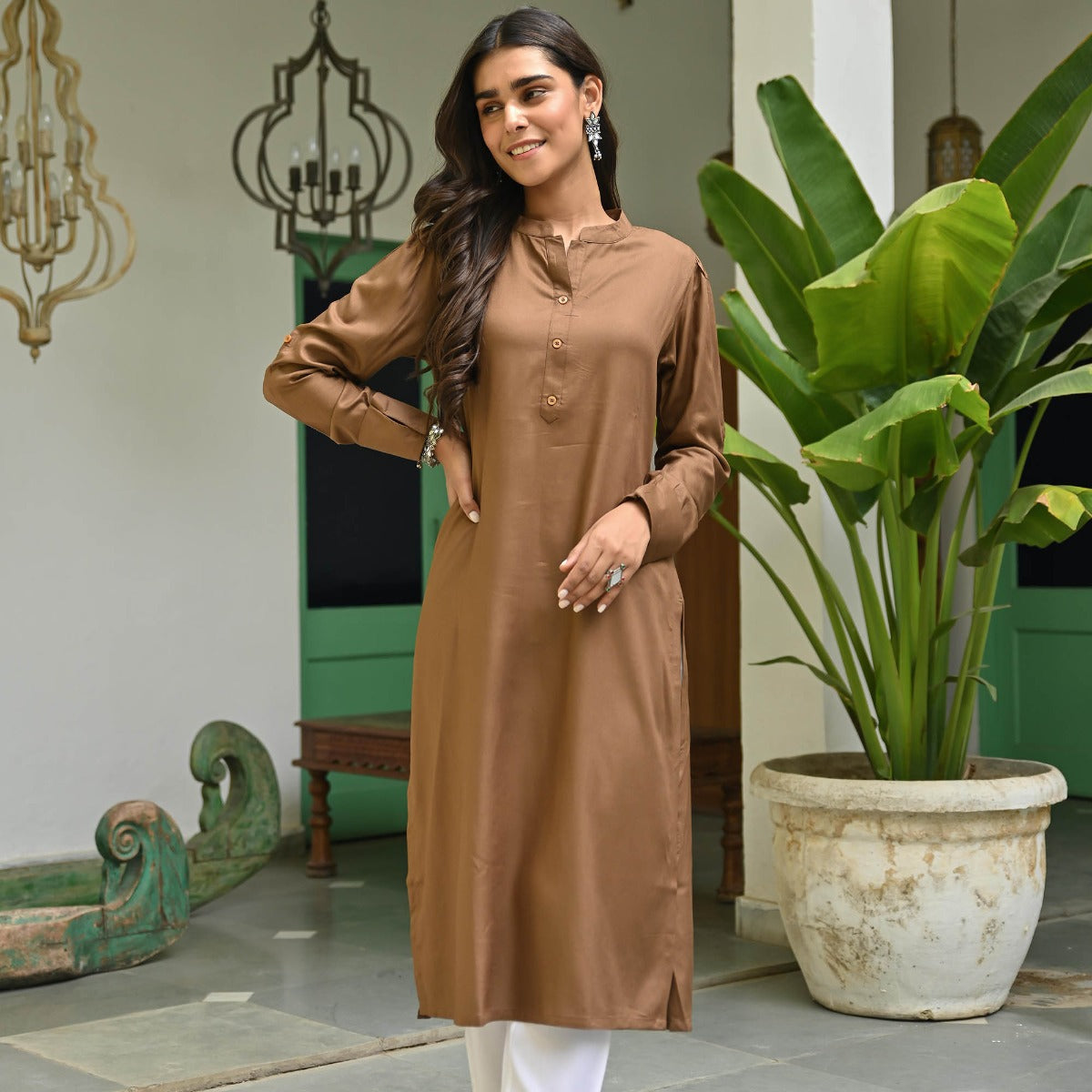 Brown Rayon Solid Kurta With White Pants