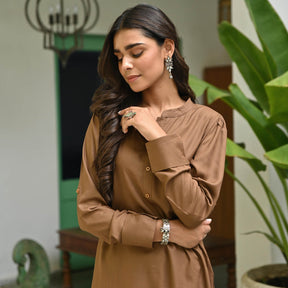 Brown Rayon Solid Kurta With White Pants