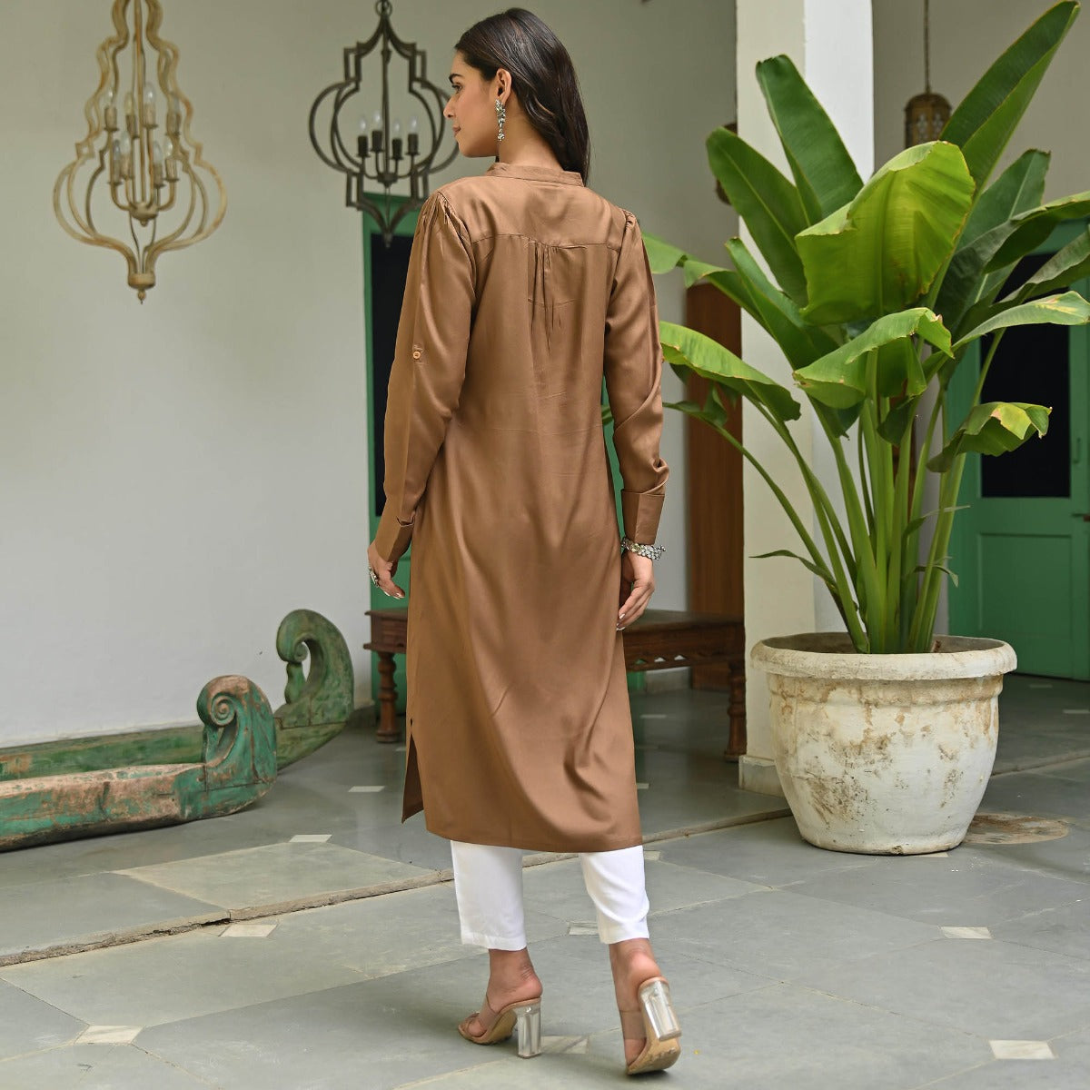 Brown Rayon Solid Kurta With White Pants