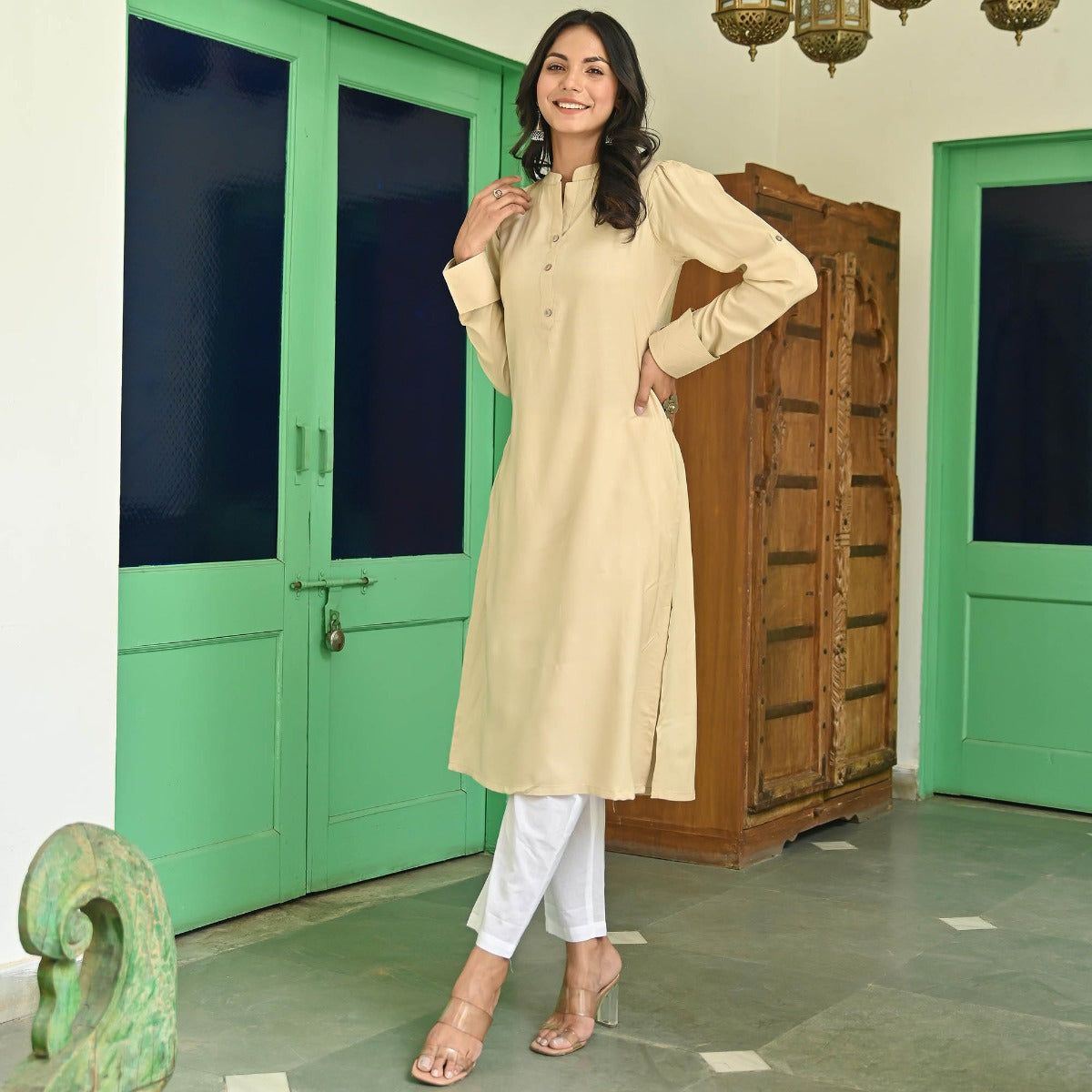 Beige Rayon Solid Kurta with White Pants