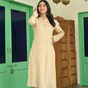 Beige Rayon Solid Kurta with White Pants