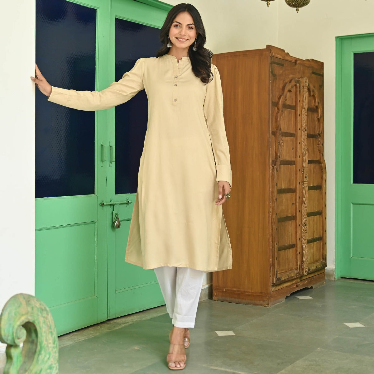 Beige Rayon Solid Kurta with White Pants