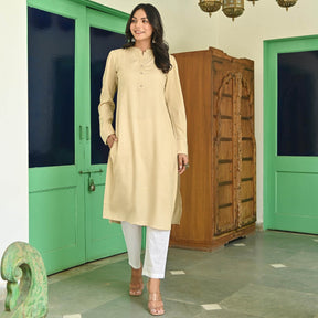 Beige Rayon Solid Kurta with White Pants