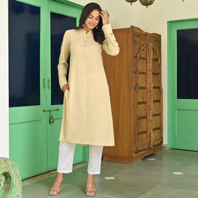 Beige Rayon Solid Kurta with White Pants