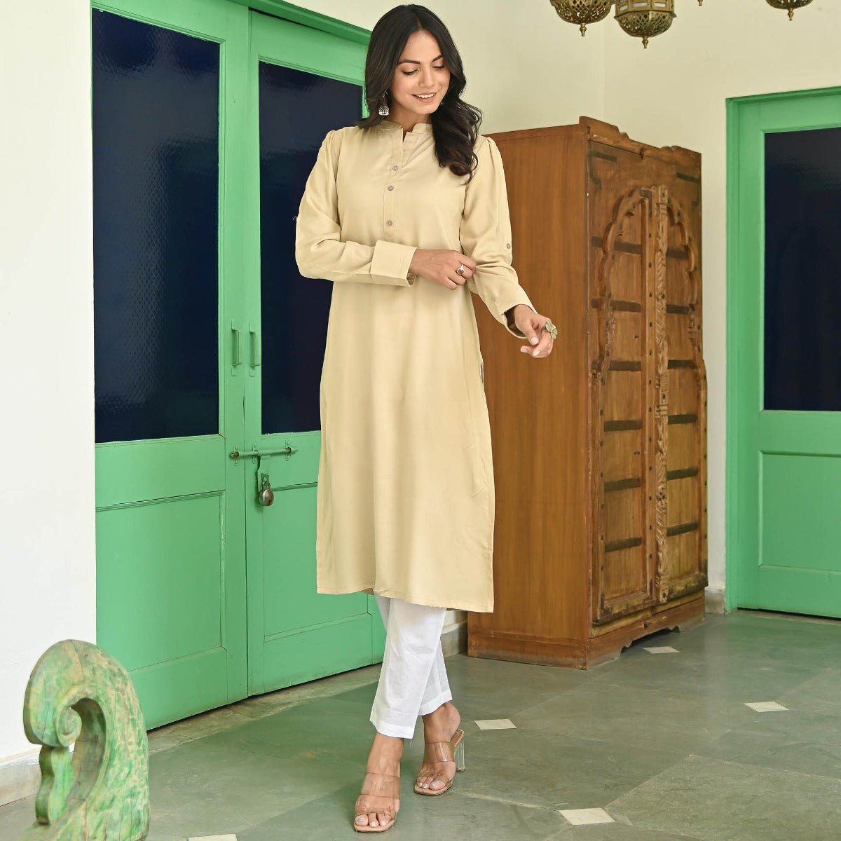 Beige Rayon Solid Kurta with White Pants