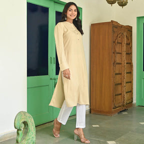 Beige Rayon Solid Kurta with White Pants