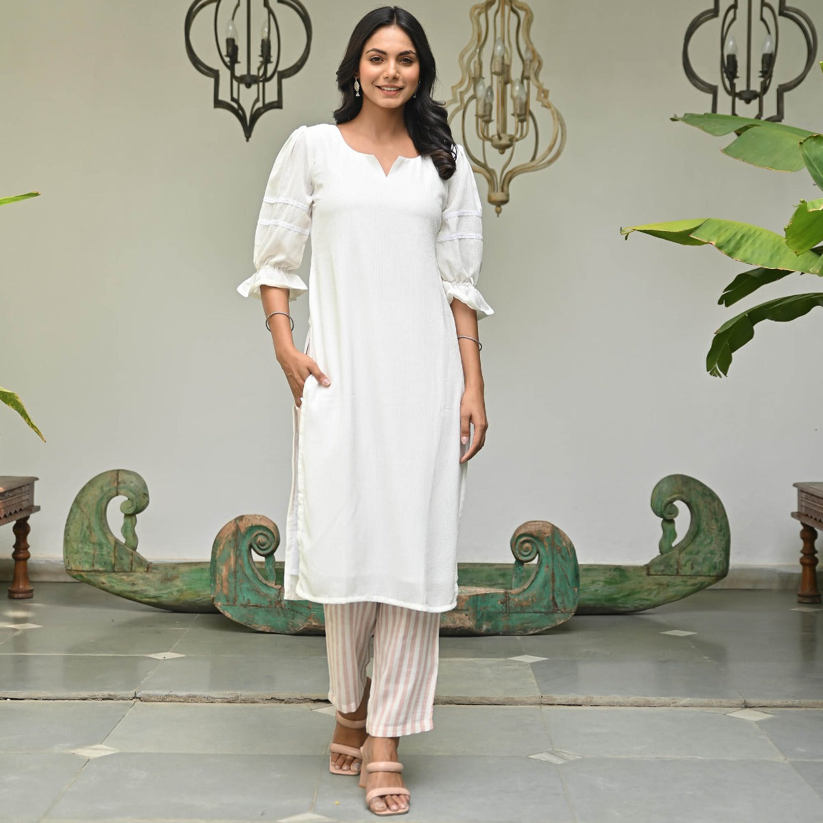 White and Peach Kurta Set