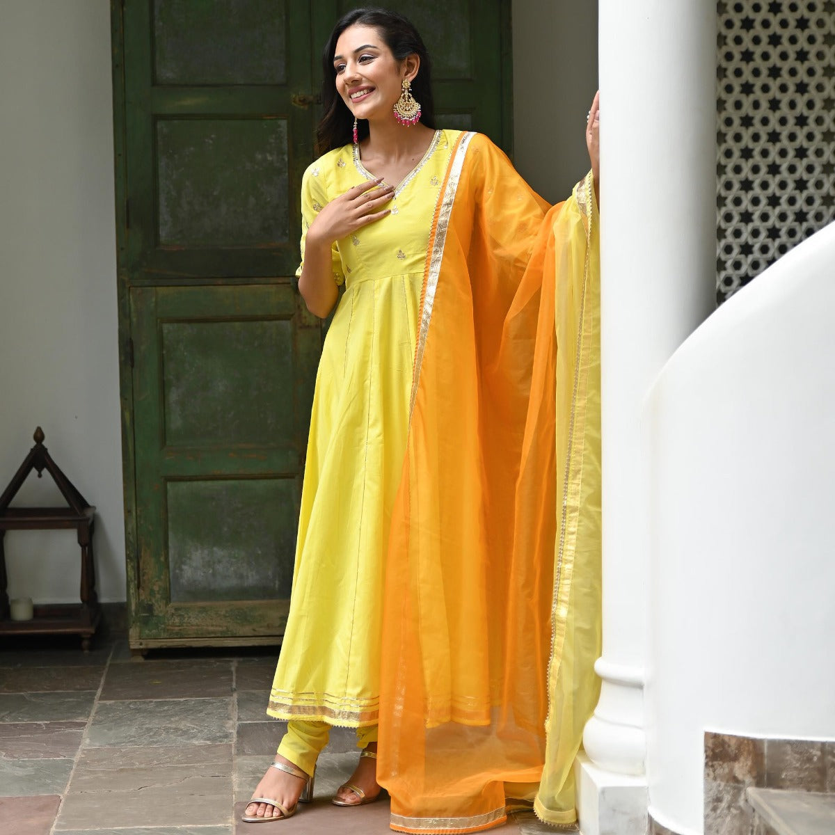 Yellow Embroidered Cotton Anarkali Set