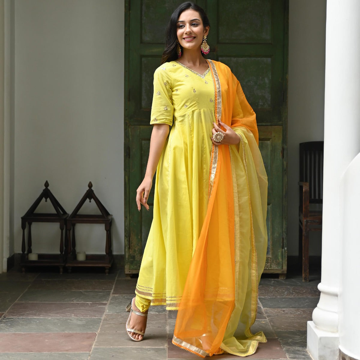 Yellow Embroidered Cotton Anarkali Set