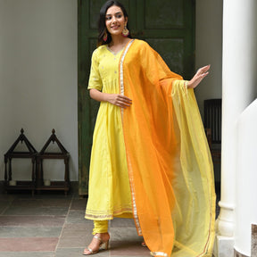 Yellow Embroidered Cotton Anarkali Set