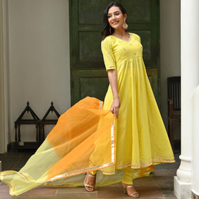 Yellow Embroidered Cotton Anarkali Set