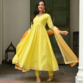 Yellow Embroidered Cotton Anarkali Set