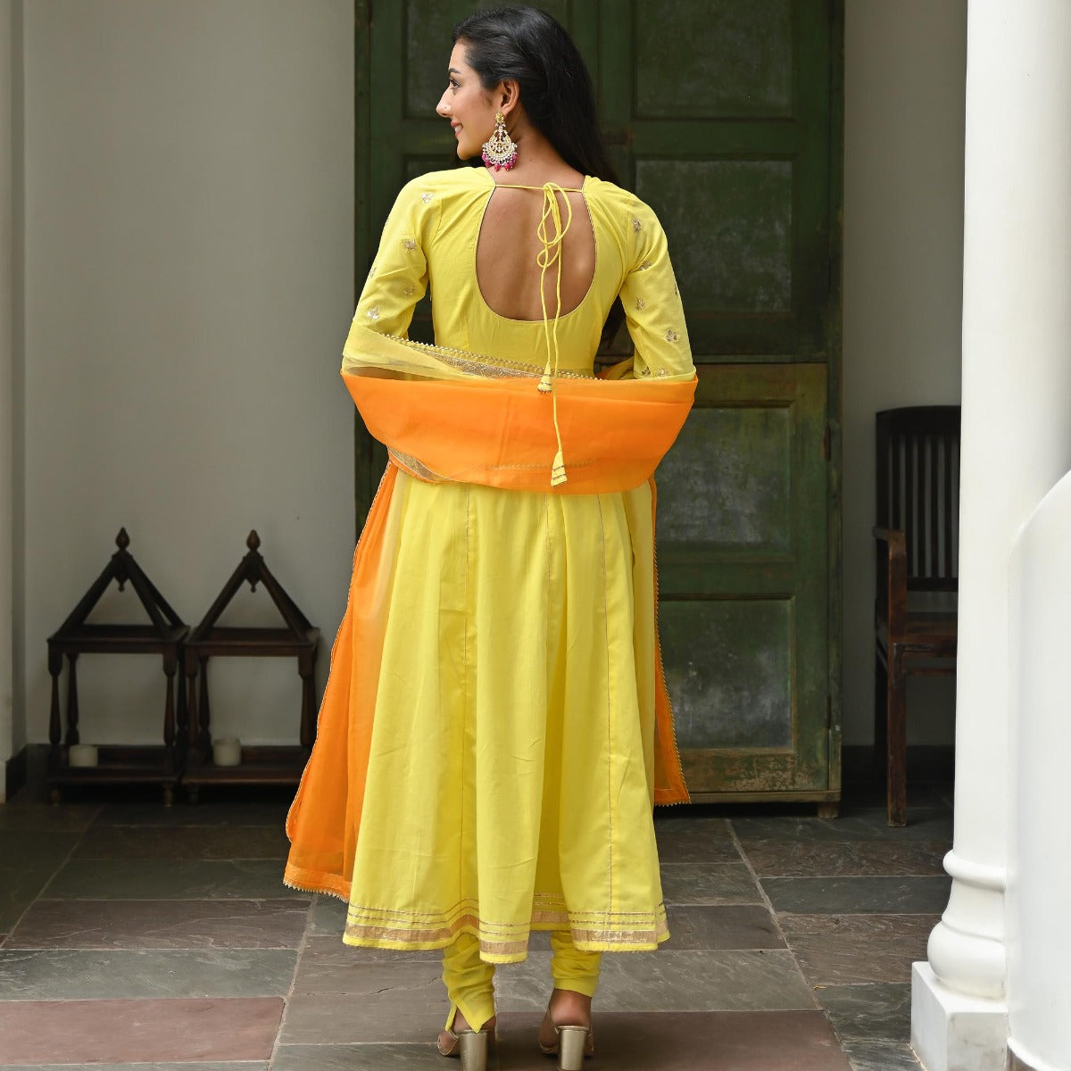 Yellow Embroidered Cotton Anarkali Set