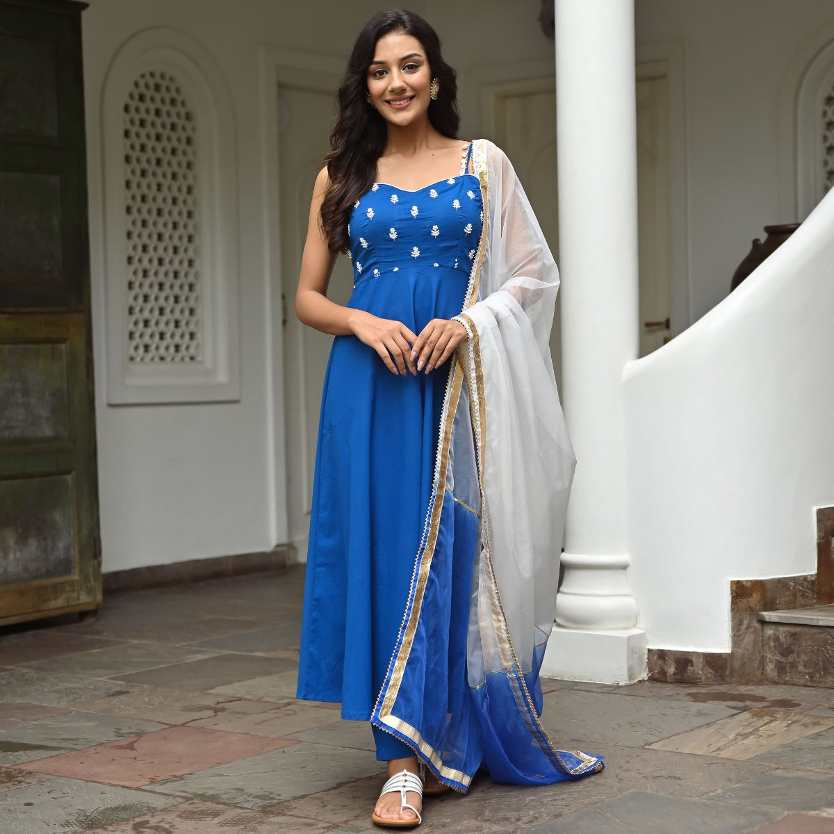 Blue Cotton Embroidered Kurta Set