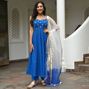 Blue Cotton Embroidered Kurta Set