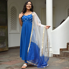 Blue Cotton Embroidered Kurta Set