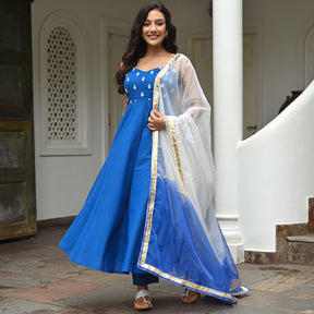 Blue Cotton Embroidered Kurta Set