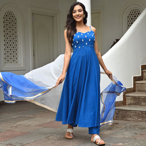 Blue Cotton Embroidered Kurta Set