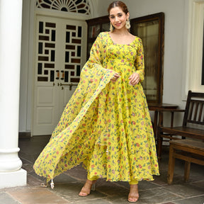 Yellow Printed Organza Anarkali Set