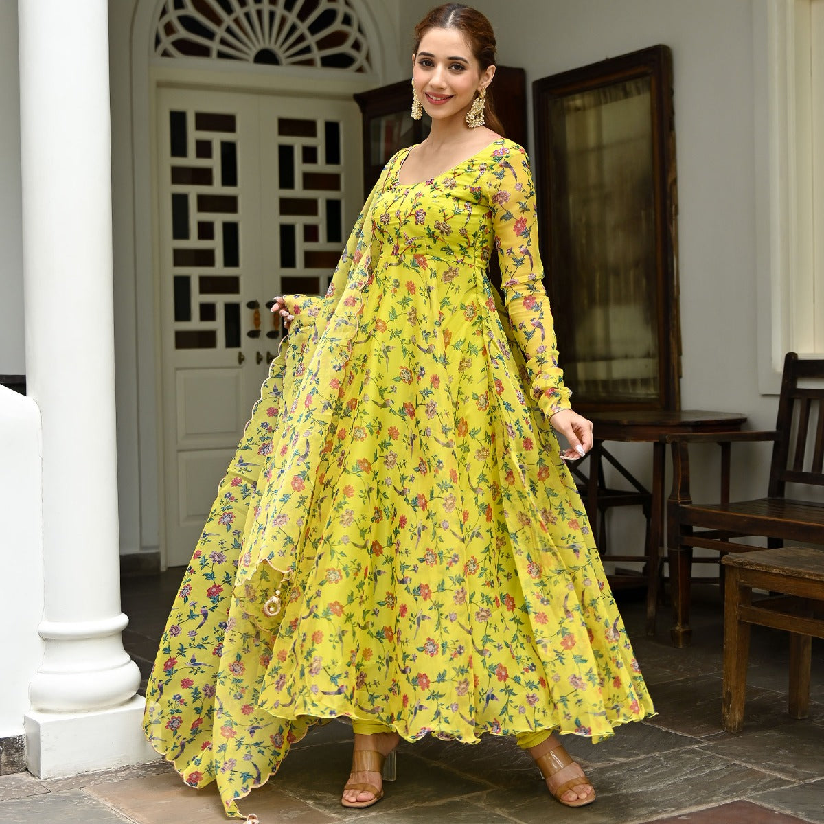 Yellow Printed Organza Anarkali Set