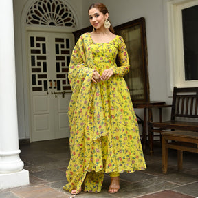 Yellow Printed Organza Anarkali Set