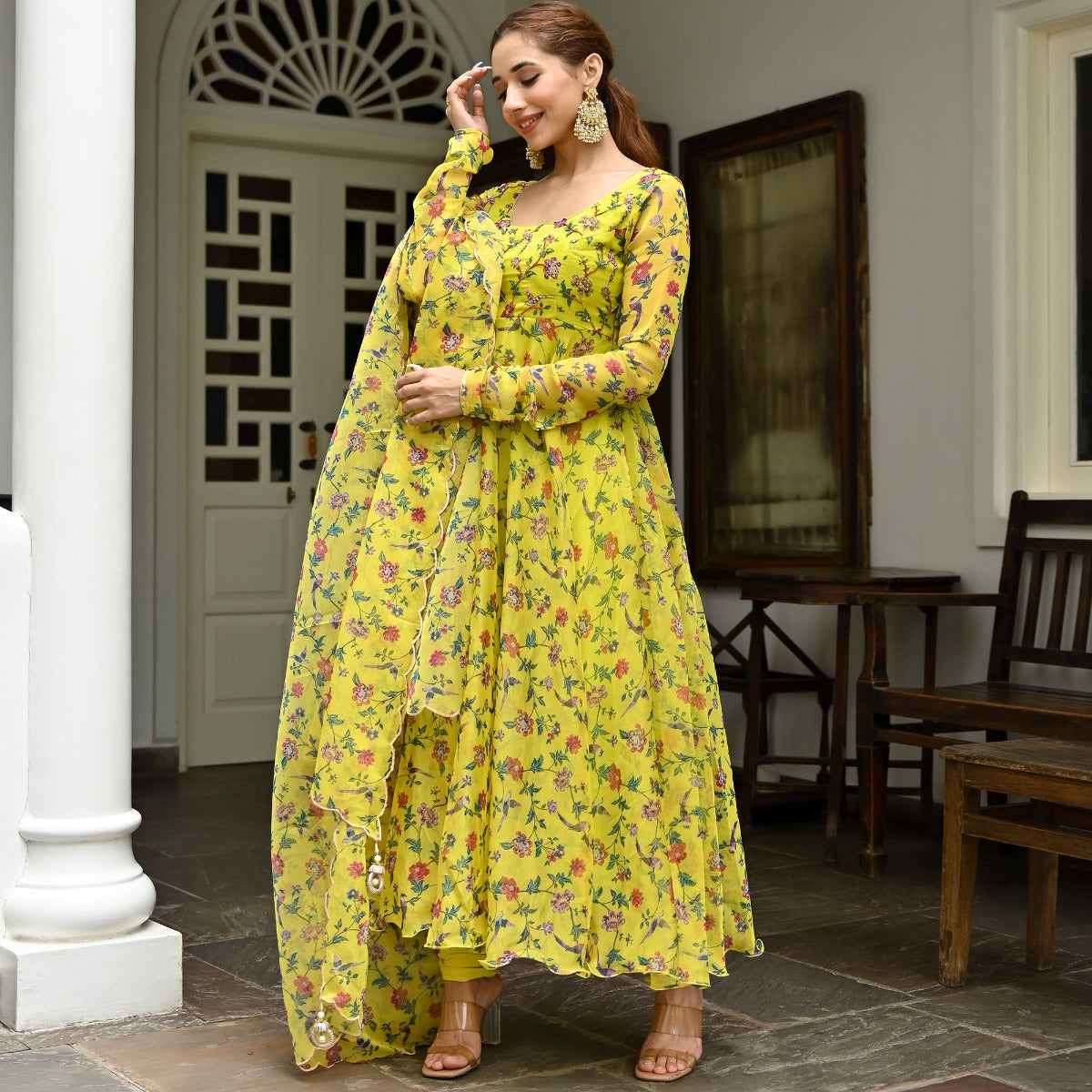 Yellow Printed Organza Anarkali Set