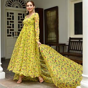 Yellow Printed Organza Anarkali Set