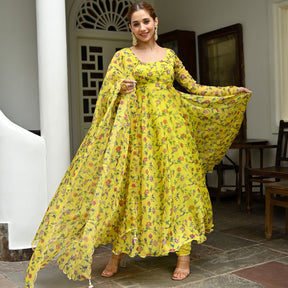 Yellow Printed Organza Anarkali Set