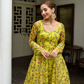 Yellow Printed Organza Anarkali Set