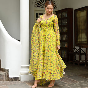 Yellow Printed Organza Anarkali Set