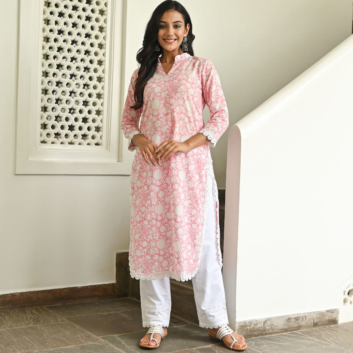 Pink Handblock Printed Kurta Set