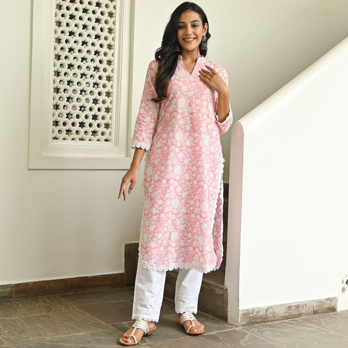 Pink Handblock Printed Kurta Set