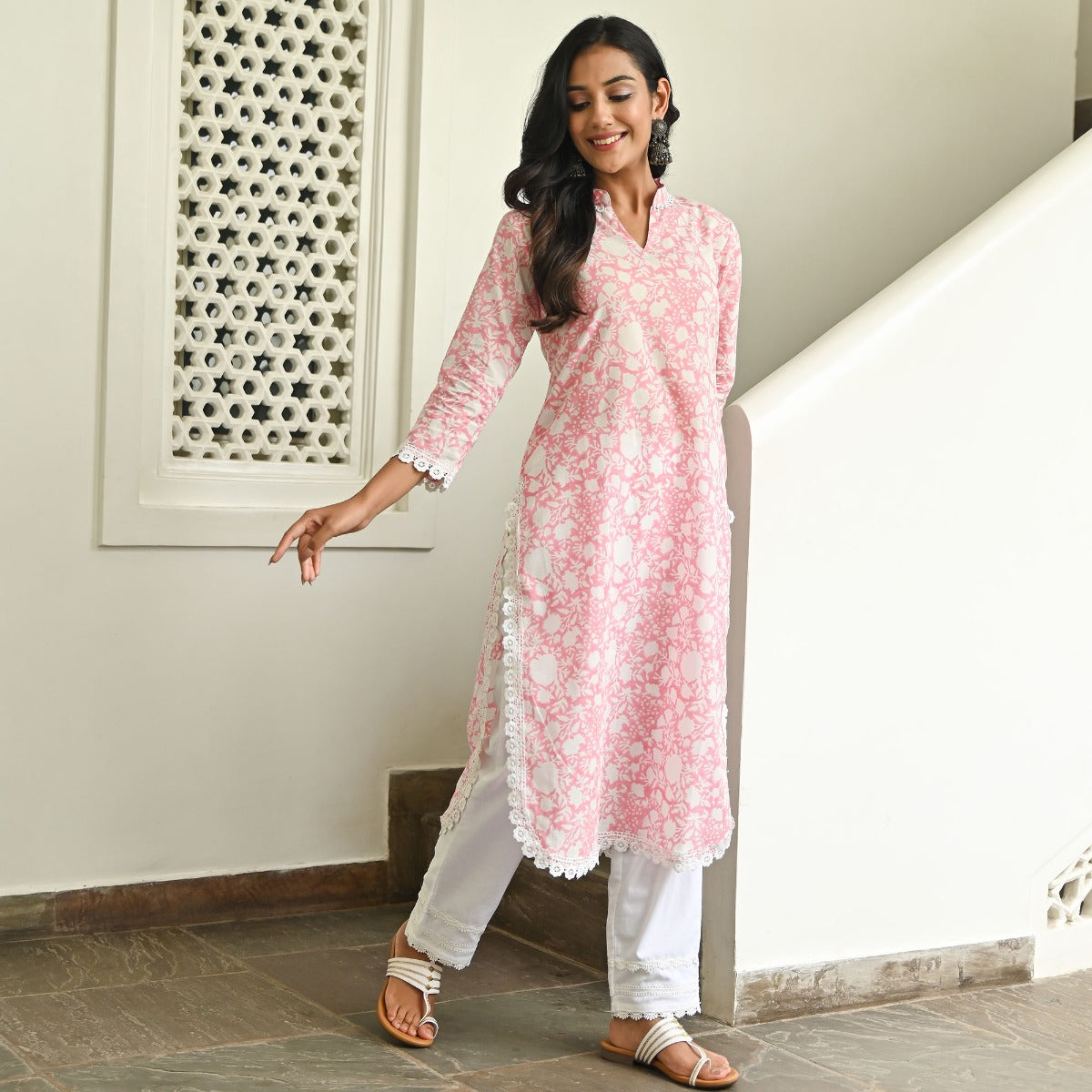 Pink Handblock Printed Kurta Set