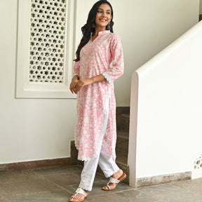 Pink Handblock Printed Kurta Set