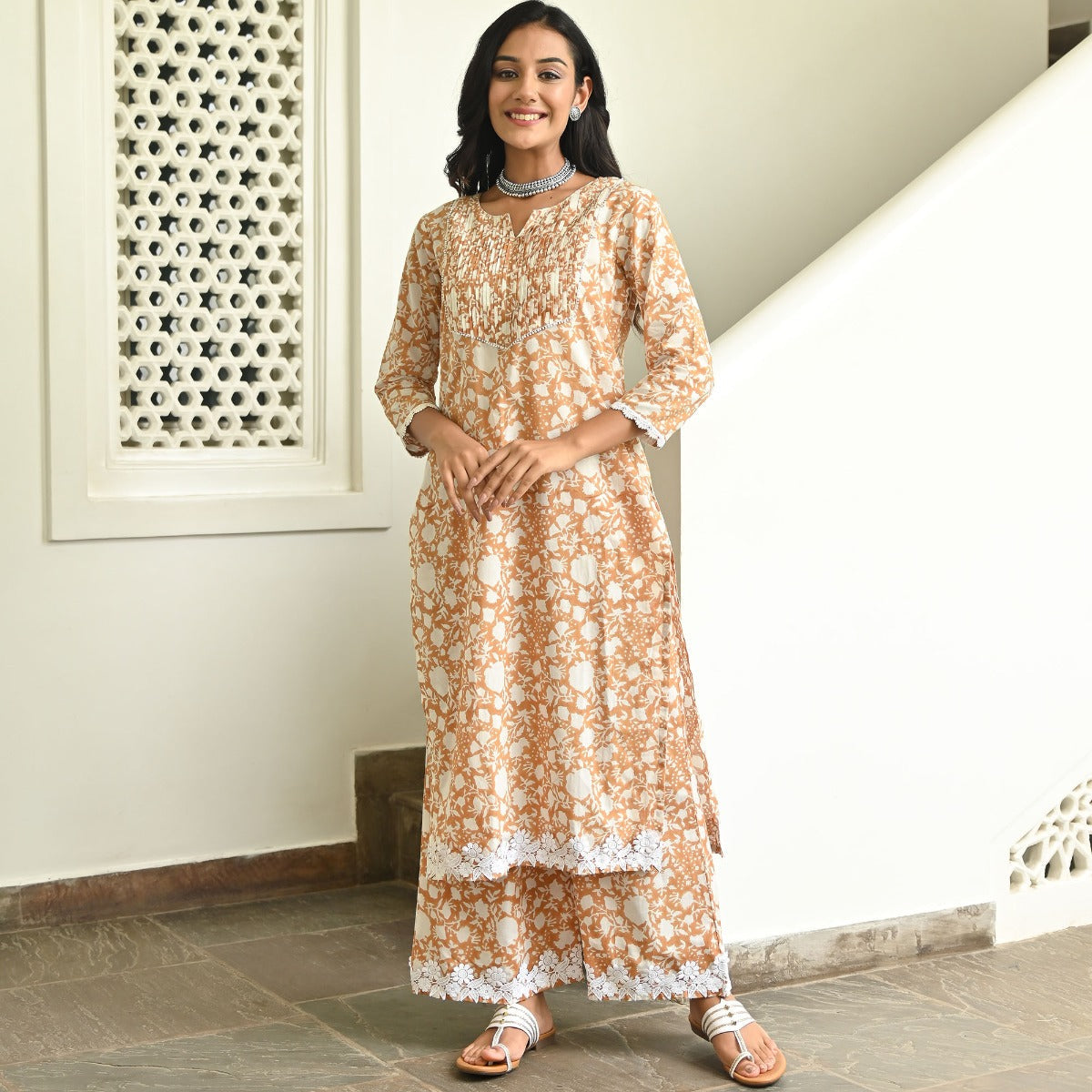 Brown Printed Kurta Set