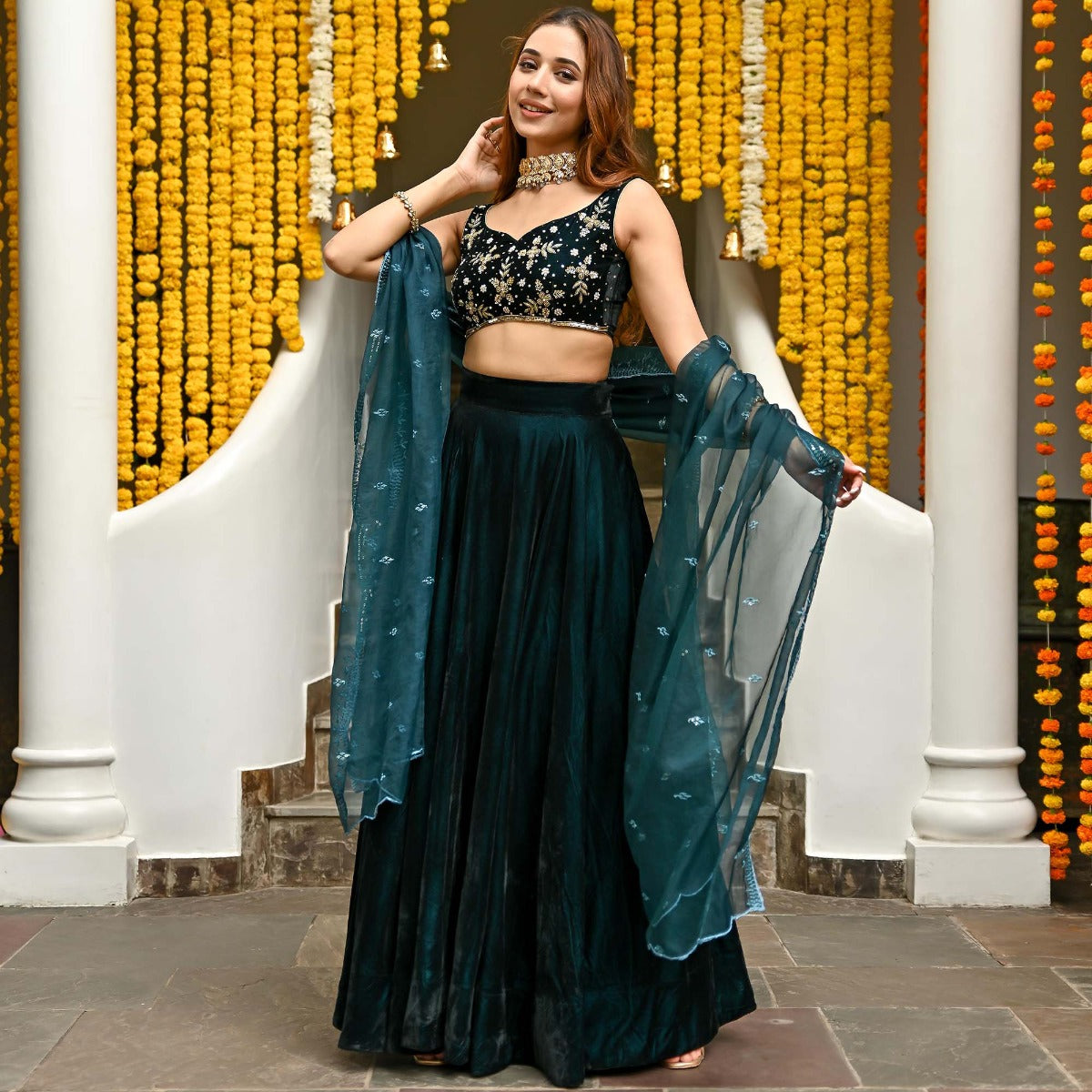 Teal Velvet Lehenga