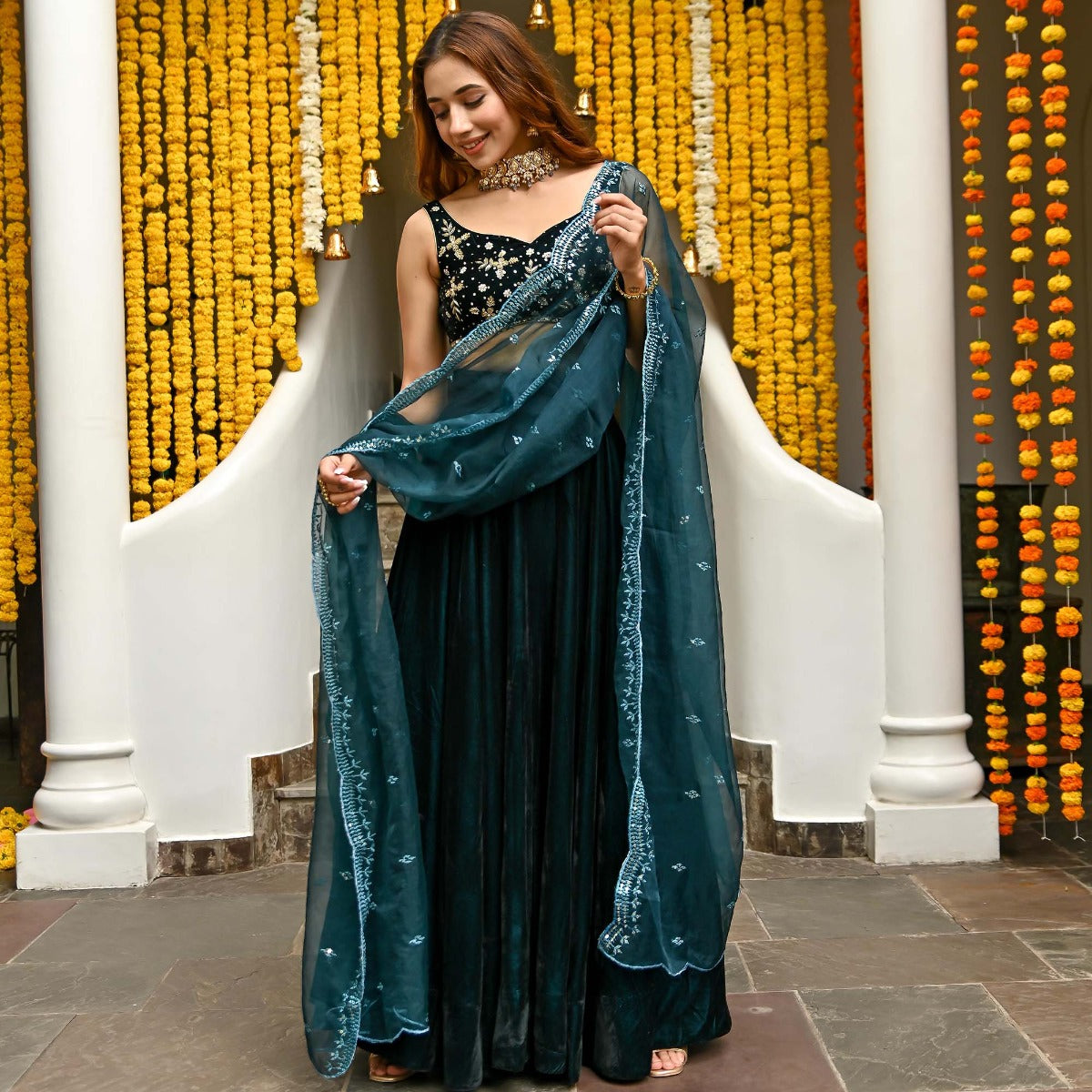 Teal Velvet Lehenga