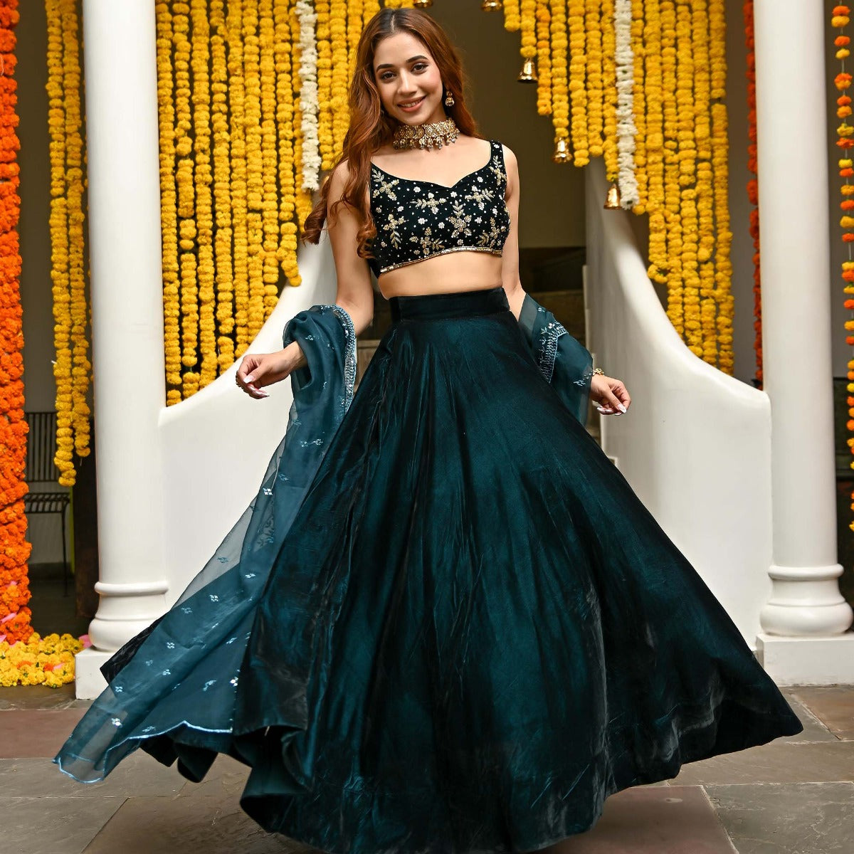 Teal Velvet Lehenga