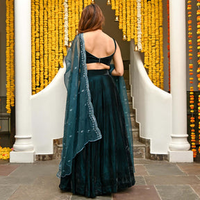 Teal Velvet Lehenga