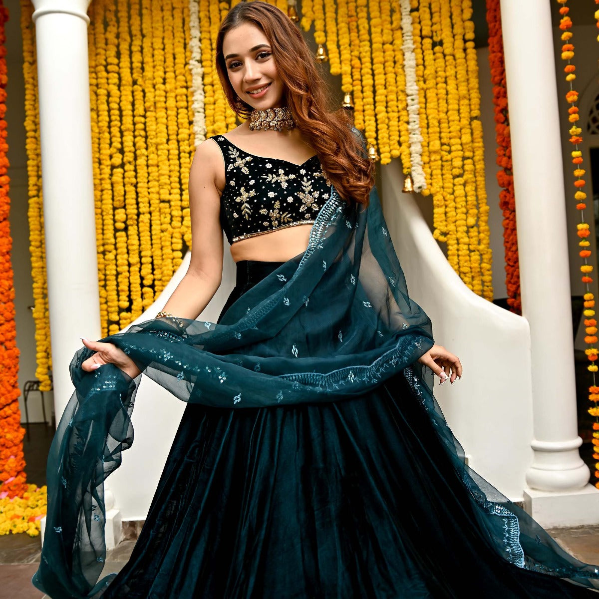 Teal Velvet Lehenga