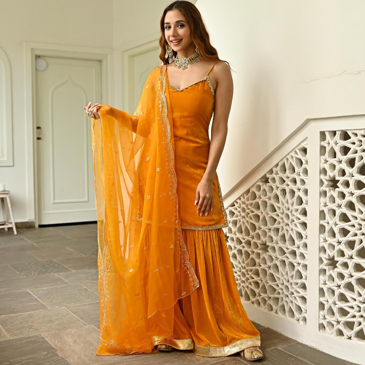 Mustard Velvet Sharara Set